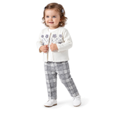 Ensemble bébé Belina : veste molletonnée ivoire et pantalon à carreaux gris.