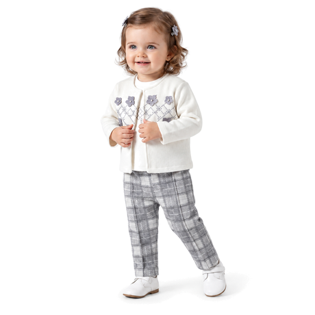 Ensemble bébé Belina : veste molletonnée ivoire et pantalon à carreaux gris.
