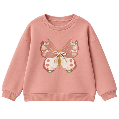 Sweatshirt enfant rose à appliqué papillon fleuri, col rond côtelé