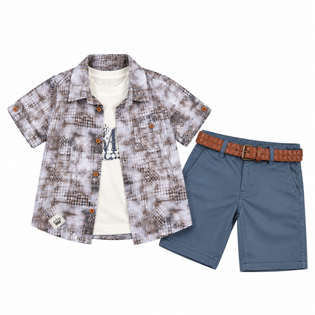 Ensemble enfant Caël : chemise à motifs manches courtes et short bleu, ceinture marron