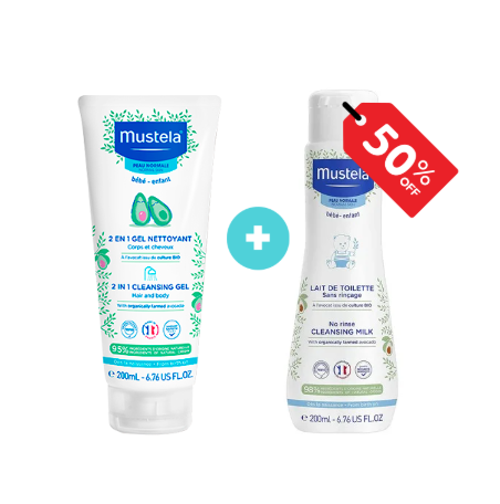 Pack Mustela gel 2 en 1 et lait toilette, flacons 200 ml
