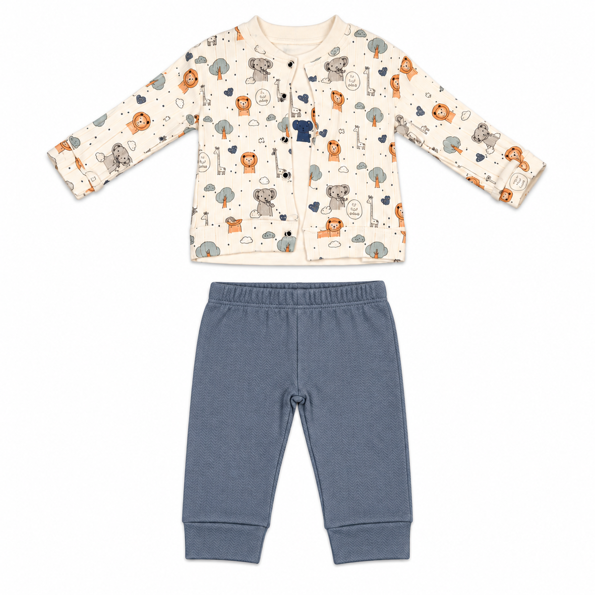 Ensemble pyjama bébé Kerry : haut crème à motifs animaux et pantalon bleu à taille élastique