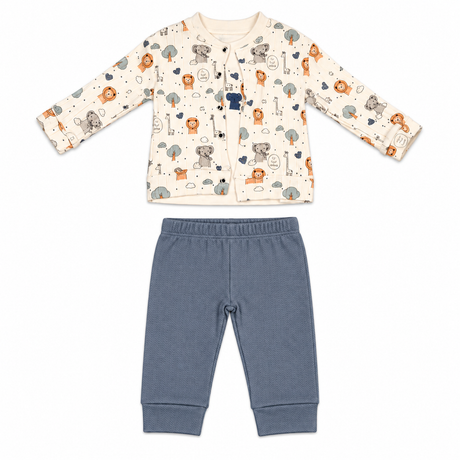 Ensemble pyjama bébé Kerry : haut crème à motifs animaux et pantalon bleu à taille élastique