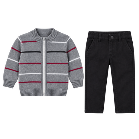 Ensemble Jonny : cardigan gris à rayures rouges et pantalon noir boutonné