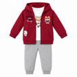 Ensemble super-héros : veste capuche bordeaux zippée et pantalon gris chiné.