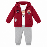 Ensemble super-héros : veste capuche bordeaux zippée et pantalon gris chiné.