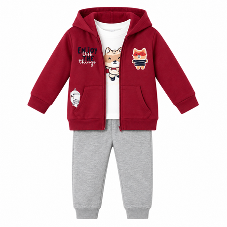Ensemble super-héros : veste capuche bordeaux zippée et pantalon gris chiné.