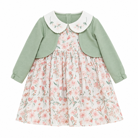 Robe enfant Lolita manches longues vert sauge et fleurs roses