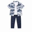Ensemble enfant Camilo : chemise à motifs tropicaux, t-shirt blanc, jean bleu foncé