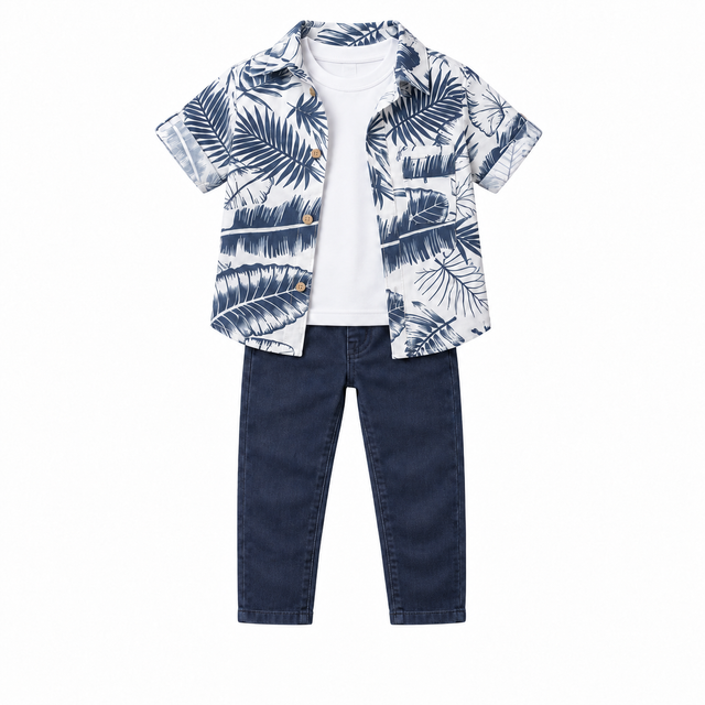 Ensemble enfant Camilo : chemise à motifs tropicaux, t-shirt blanc, jean bleu foncé