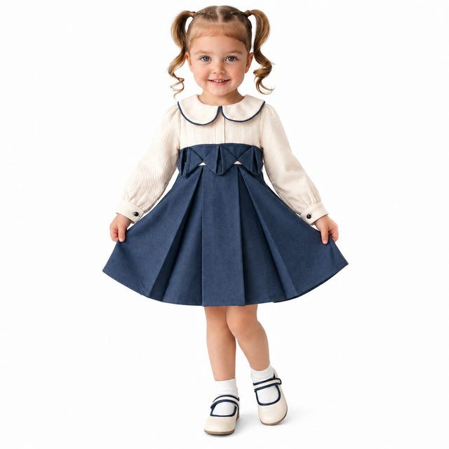 Robe bébé Claudia bleu marine, jupe évasée, nœud à la taille, col rond contrasté.