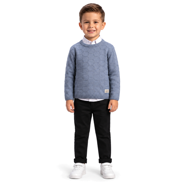 Pull enfant bleu en maille à motifs hexagonaux, manches longues, col côtelé