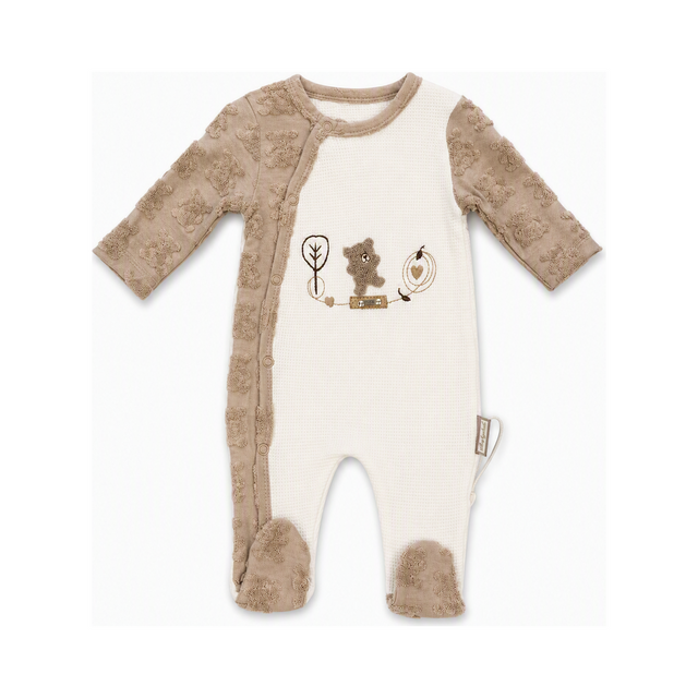 Pyjama bébé en coton beige clair, manches longues, fermeture pression, motif jardin