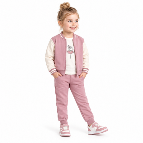 Ensemble sweat enfant rose mauve, veste manches crème contrastées et pantalon assorti