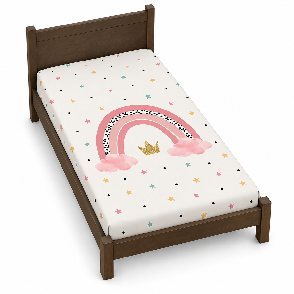 Housse de couette blanche avec arc-en-ciel rose, nuages et étoiles multicolores