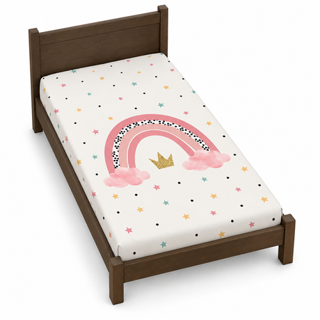 Housse de couette blanche avec arc-en-ciel rose, nuages et étoiles multicolores