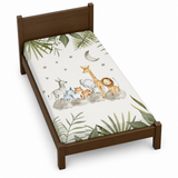 Housse de couette bébé blanche, motifs animaux de la savane et feuilles vertes, lune.