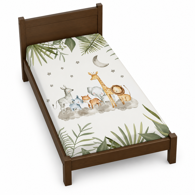 Housse de couette bébé blanche, motifs animaux de la savane et feuilles vertes, lune.