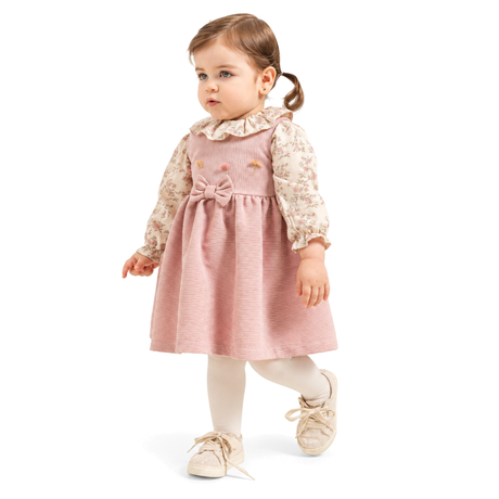 Robe pour bébé Elya rose à col en dentelle et manches en voile fleuri
