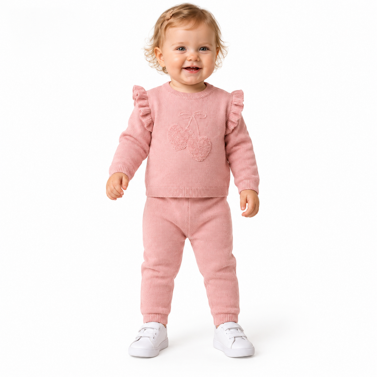 Ensemble bébé en maille rose : pull manches longues à motif et pantalon assorti
