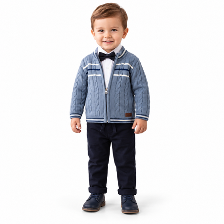 Veste matelassée enfant bleue à rayures blanches, fermeture éclair, col montant