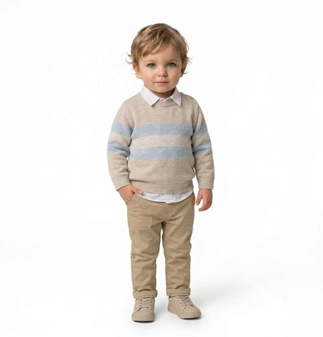Pull bébé en maille beige à rayures bleu clair, col chemise blanche visible