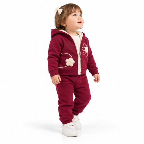 Ensemble bébé à capuche bordeaux, fermeture éclair et pantalon assorti