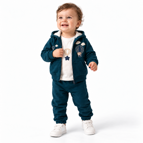 Ensemble bébé en velours vert foncé : veste à capuche et pantalon avec poches