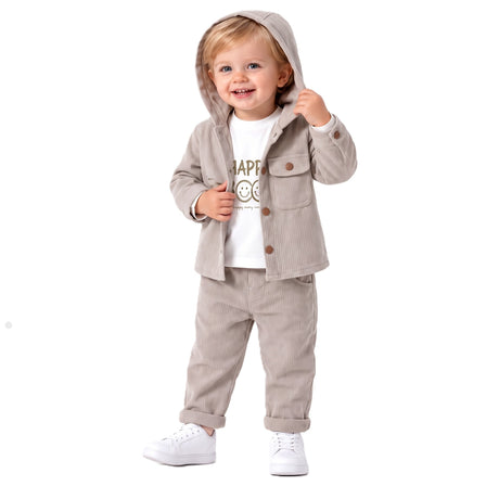Ensemble bébé : veste à capuche et pantalon gris clair, boutonnage et poches.