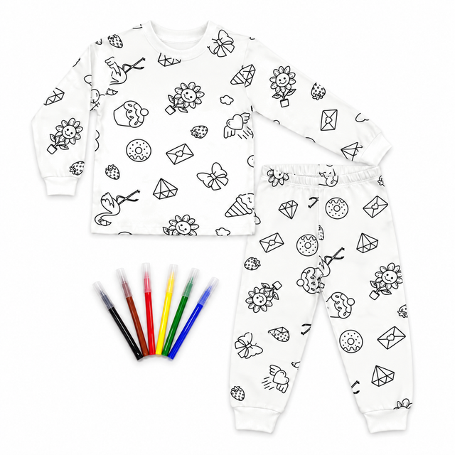 Pyjamas blancs à colorier, manches longues, pantalon motifs dessinés, avec feutres