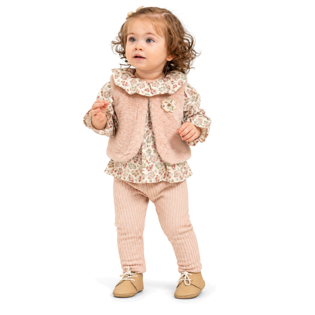 Ensemble bébé : tunique à volants floraux, col boutonné, pantalon côtelé rose