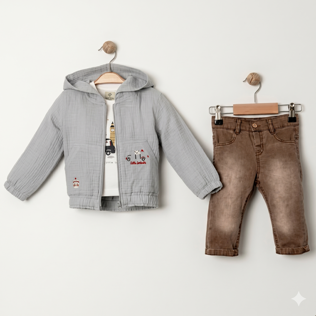Ensemble bébé : veste grise à capuche et pantalon marron