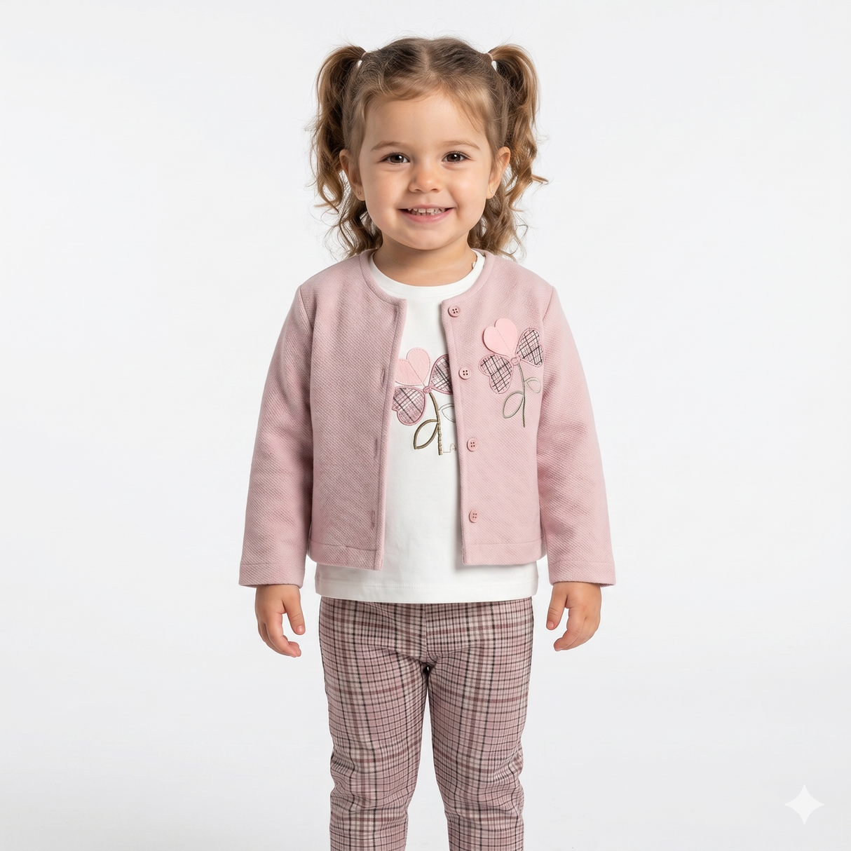 Ensemble bébé Elegane : veste rose, t-shirt blanc, pantalon à carreaux.