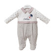 Combinaison bébé à manches longues, gris clair, col rayé rouge et imprimé pingouin