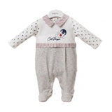 Combinaison bébé à manches longues, gris clair, col rayé rouge et imprimé pingouin