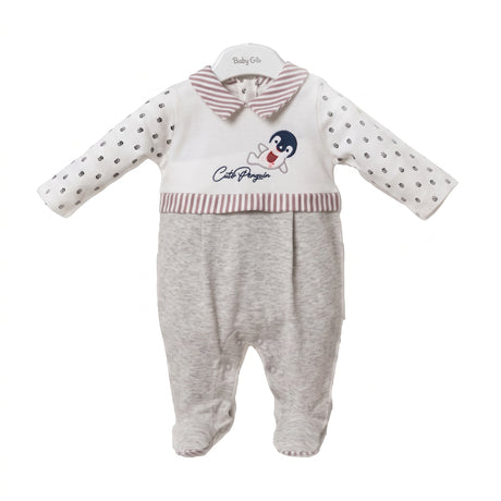 Combinaison bébé à manches longues, gris clair, col rayé rouge et imprimé pingouin