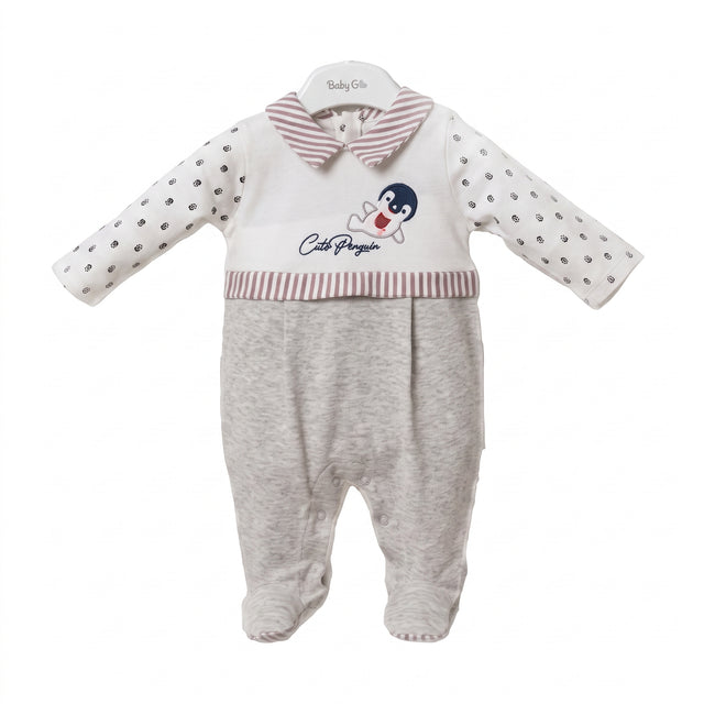 Combinaison bébé à manches longues, gris clair, col rayé rouge et imprimé pingouin