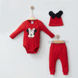 Ensemble bébé Minnie rouge : body manches longues, pantalon côtelé et bonnet noir à nœud