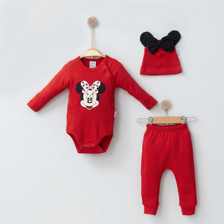 Ensemble bébé Minnie rouge : body manches longues, pantalon côtelé et bonnet noir à nœud