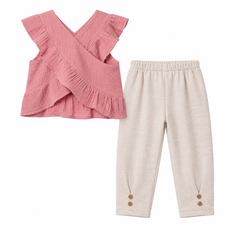 Ensemble fille : haut rose à volants croisés et pantalon beige clair boutonné