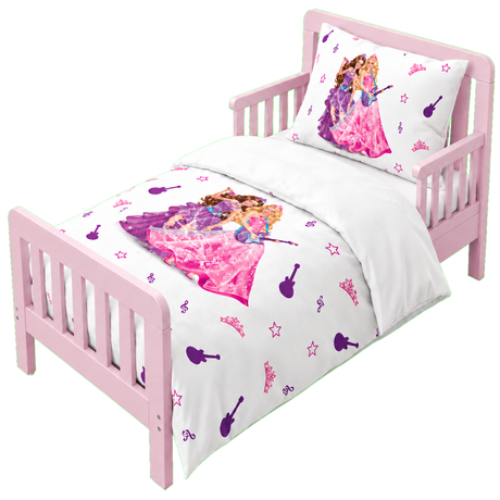 Housse de couette Barbie blanche motifs roses/violacés : guitares et étoiles