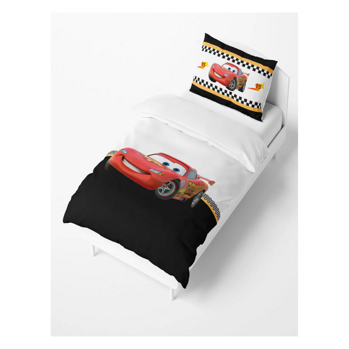Housse de couette Cars noire et rouge, avec motif de voiture et taie blanche.
