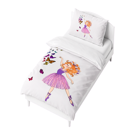 Housse de couette blanche 160 x 220 cm, illustration fillette danseuse et papillons