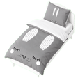 Housse de couette grise avec motifs lapin blancs, yeux et nez stylisés