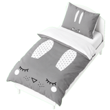 Housse de couette grise avec motifs lapin blancs, yeux et nez stylisés