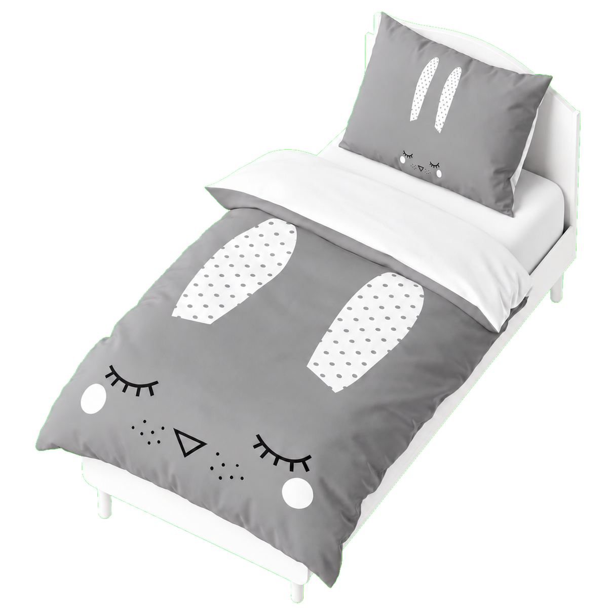 Housse de couette grise avec motifs lapin blancs, yeux et nez stylisés