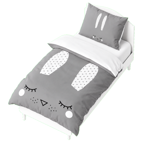 Housse de couette grise avec motifs lapin blancs, yeux et nez stylisés