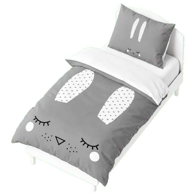 Housse de couette grise avec motifs lapin blancs, yeux et nez stylisés
