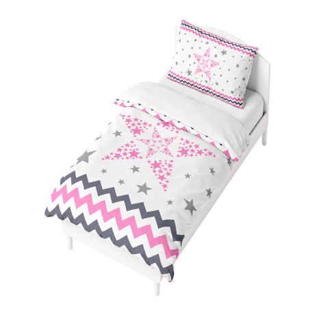Housse de couette blanche à motifs étoiles roses et frise zigzag