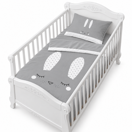 Housse de couette grise pour enfant, motif lapin avec grandes oreilles blanches et cils